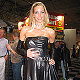 Lisa Butcher models leather "Audi" dress designed by Scott Henshall