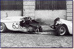 166 MM s/n 024MB crashed in the 1950 Mille Miglia #650 ... before chassis repair ... finished 3 month after the MM crash .. chassis 024MB used for the uovo body ... was build in record time in the next 9 month by Fontana .... the 024MB body was used on 0084 in 1951 the licenes plate from the barchetta stayed with the barchetta