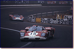 Le Mans 24 h 1970: Two of three Ferraris that were entered by the Swiss Scuderia Filipinetti: The 512 S coda lunga s/n 1016 (no. 15) for Müller/ Parkes and the 512 S s/n 1032 (no. 16) for Moretti/ Manfredini. Both retired.  Parkes qualified the car eigth and soon moved up to sixth and in the third hour to fourth. While avoiding a slower car he was forced to the sidelines ending the day in the sand.