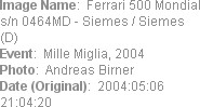 Image Name:  Ferrari 500 Mondial s/n 0464MD - Siemes / Siemes (D) 
Event:  Mille Miglia, 2004
Pho...