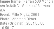 Image Name:  Ferrari 500 Mondial s/n 0464MD - Siemes / Siemes (D) 
Event:  Mille Miglia, 2004
Pho...