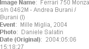 Image Name:  Ferrari 750 Monza s/n 0462M - Andrea Burani / Burani (I) 
Event:  Mille Miglia, 2004...