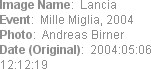 Image Name:  Lancia
Event:  Mille Miglia, 2004
Photo:  Andreas Birner
Date (Original):  2004:05:0...