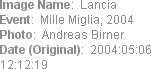 Image Name:  Lancia
Event:  Mille Miglia, 2004
Photo:  Andreas Birner
Date (Original):  2004:05:0...