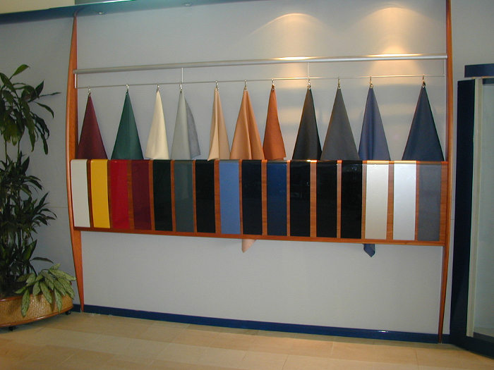 Leather and paint colour samples in office reception