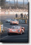 Le Mans 24 h 1965: The works-330P2 s/n 0828 (no. 19) of Surtees/ Scarfiotti retired, meanwhile N.A.R.T.s 250LM s/n 5893 (no. 21) of Rindt/ Gregory won the race.
