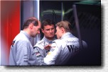 Adrian Newey with David Coulthard and Mika Hakkinen 