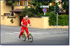 Factory engineer in front of Ristorante Cavallino