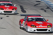 The two Barron Connor Ferrari 575 GTC cars run together on the  track