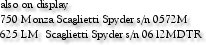 also on display
750 Monza Scaglietti Spyder s/n 0572M
625 LM  Scaglietti Spyder s/n 0612MDTR