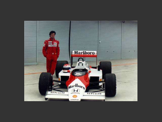Since 1988, Emanuele was McLaren's Formula 1 test driver for several years. He did much testing at Suzuka. Pirro is shown here aside of the first McLaren equipped with a Honda engine, an MP4/3 that had been powered originally by TAG-Porsche.